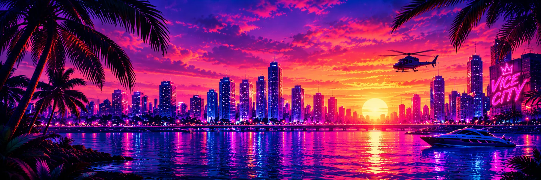 Tropical neon city skyline at sunset