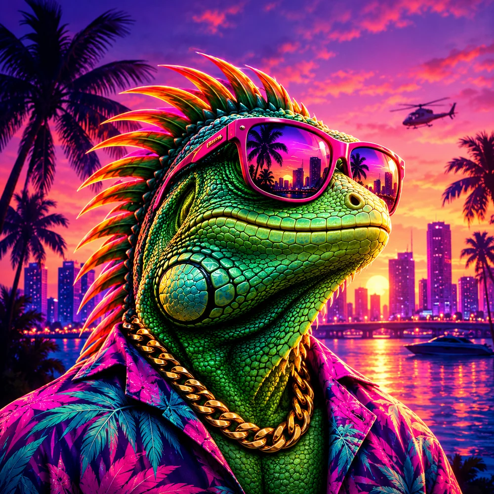 VICEGUANA green iguana with pink sunglasses, gold chain and tropical shirt