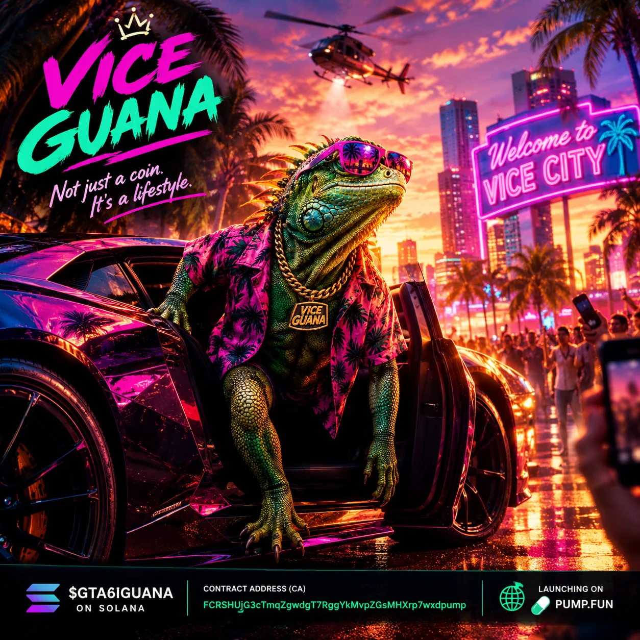 VICEGUANA cruising through a neon city in a convertible